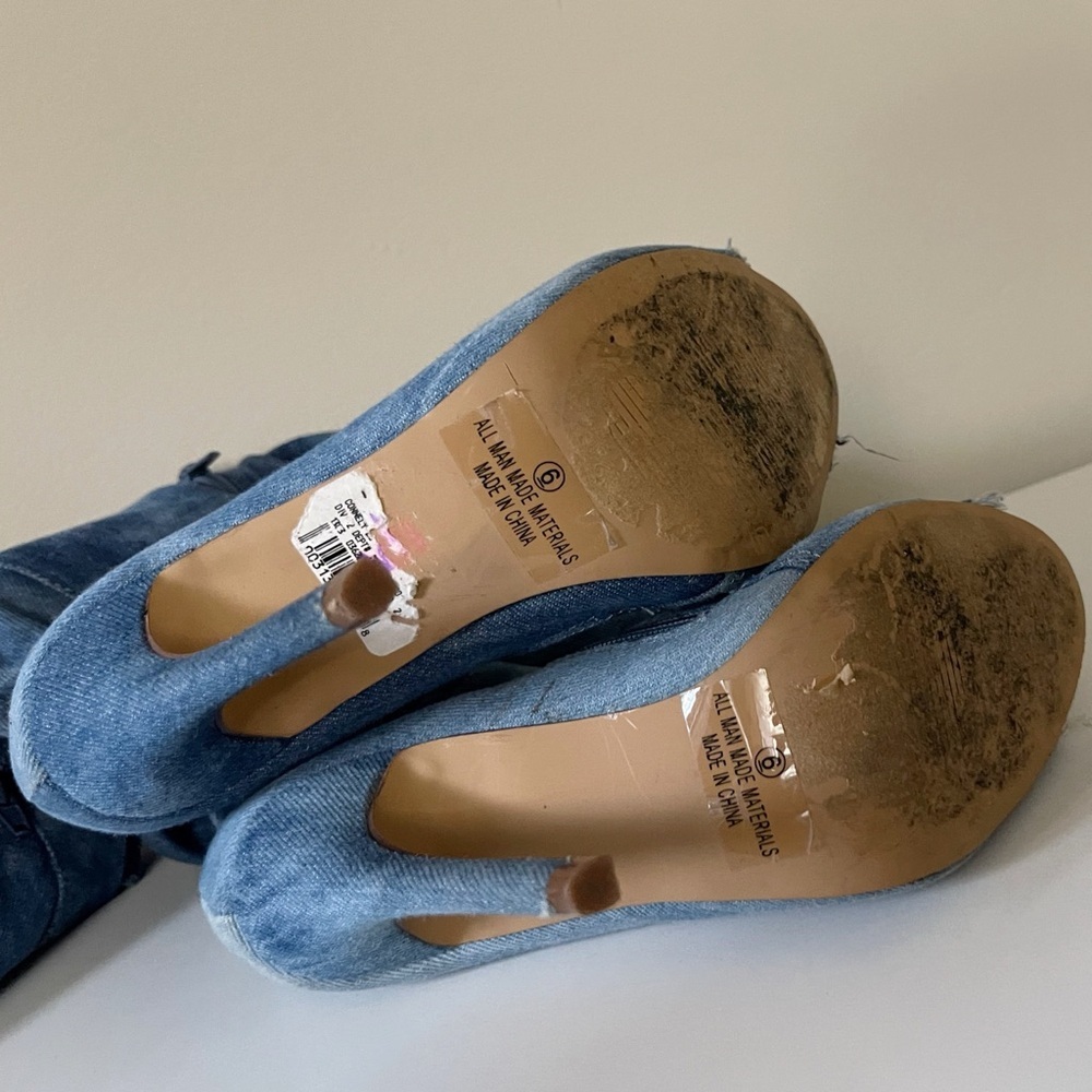 Blue Denim Knee High Peep Toe Boots Party Club Streetwear Festival - Picture 5 of 14